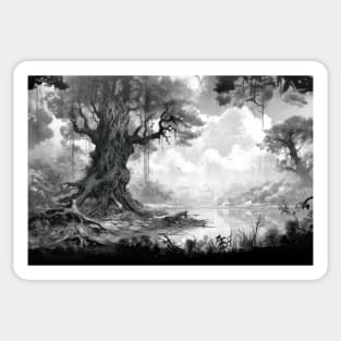 Ancient Tree Landscape Nature Adventure Ink Sketch Style Sticker